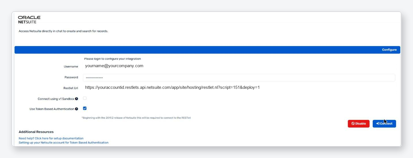 NetSuite integration connection screen showing Username, Password, RESTlet URL, and Token Based Authentication fields